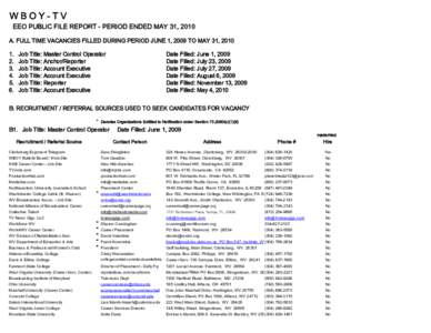 WBOY-TV EEO PUBLIC FILE REPORT - PERIOD ENDED MAY 31, 2010 A. FULL TIME VACANCIES FILLED DURING PERIOD JUNE 1, 2009 TO MAY 31, [removed].