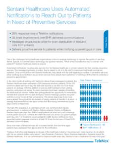 • 26% response rate to TeleVox notifications • 30 times improvement over EHR-delivered communications • Messages structured to allow for even distribution of inbound calls from patients • Delivers proactive servi