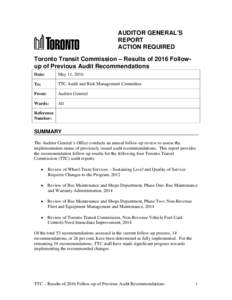 Toronto Transit Commission – Results of 2016 Follow-up of Previous Audit Recommendations