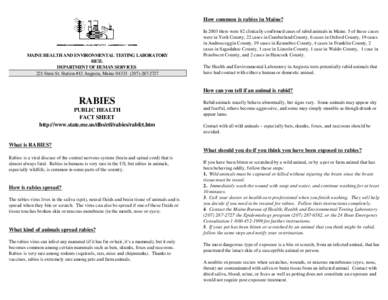 How common is rabies in Maine?  MAINE HEALTH AND ENVIRONMENTAL TESTING LABORATORY HETL DEPARTMENT OF HUMAN SERVICES 221 State St. Station #12 Augusta, Maine[removed]2727