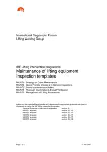 International Regulators’ Forum Lifting Working Group IRF Lifting intervention programme  Maintenance of lifting equipment