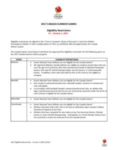 2017 CANADA SUMMER GAMES Eligibility Restrictions V1 – October 1, 2014 Eligibility restrictions are aligned to the “Train to Compete” phase of the sport’s Long Term Athlete Development Model, or other suitable ph
