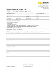 NEUMONT UNIVERSITY APPLICATION FOR RE-ENTRY NAME (Please print clearly) EXPECTED RE-ENTRY DATE
