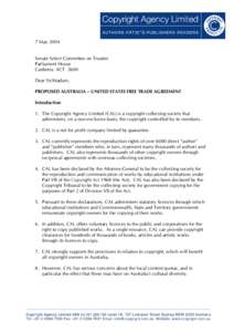 7 May 2004 Senate Select Committee on Treaties Parliament House Canberra ACT 2600 Dear Sir/Madam, PROPOSED AUSTRALIA – UNITED STATES FREE TRADE AGREEMENT