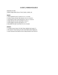 IU EAST 5, FRANKLIN COLLEGE 4 September 16, 2014 Franklin College Mickel-Hoover Tennis Facility, Franklin, Ind. SINGLES 1. Ethan Caldwell (FC) def. Ty Butler 4-6, 6-1, [removed]Connor Kramer (IUE) def. Alex Hammer 3