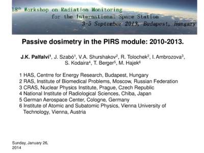 Passive dosimetry in the PIRS module: J.K. Palfalvi1, J. Szabó1, V.A. Shurshakov2, R. Tolochek2, I. Ambrozova3, S. Kodaira4, T. Berger5, M. Hajek6 1 HAS, Centrre for Energy Research, Budapest, Hungary 2 RAS, 