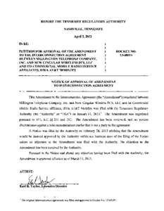 BEFORE THE TENNESSEE REGULATORY AUTHORITY   NASHVILLE, TENNESSEE April 3, 2013 INRE: PETITION FOR APPROVAL OF THE AMENDMENT
