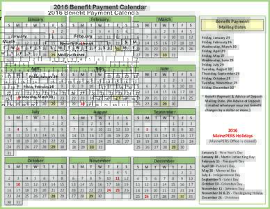 2016 Benefit Payment Calendar January February  S