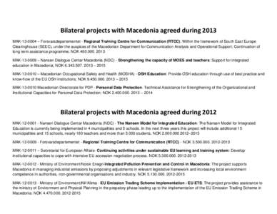 Bilateral projects with Macedonia agreed during 2013 MAK – Forsvarsdepartementet - Regional Training Centre for Communication (RTCC): Within the framework of South East Europe Clearinghouse (SEEC), under the au