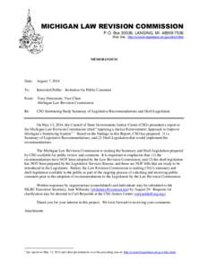 MICHIGAN LAW REVISION COMMISSION P.O. Box 30036, LANSING, MI[removed]Web Site: http://council.legislature.mi.gov/mlrcf.html MEMORANDUM