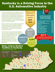 Kentucky is a Driving Force in the U.S. Automotive Industry It’s no secret that Kentucky is a powerhouse in the automotive industry, producing more than 1.2 million vehicles in 2013, including some of the nation’s be