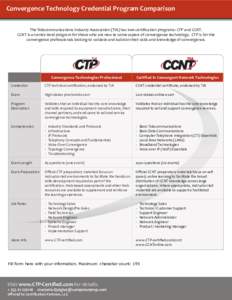 Convergence Technology Credential Program Comparison The Telecommunications Industry Association (TIA) has two certification programs: CTP and CCNT. CCNT is an entry-level program for those who are new to some aspect of 