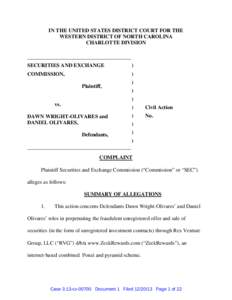 IN THE UNITED STATES DISTRICT COURT FOR THE WESTERN DISTRICT OF NORTH CAROLINA CHARLOTTE DIVISION ________________________________________ SECURITIES AND EXCHANGE