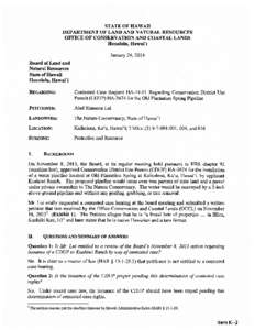 STATE OF HAWAII DEPARTMENT OF LAND AND NATURAL RESOURCES OFFICE OF CONSERVATION AND COASTAL LANDS Honolulu, Hawai’i January 24, 2014 Board of Land and