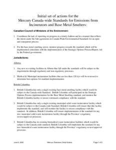 Initial set of actions for the Mercury Canada-wide Standards for Emissions from Incinerators and Base Metal Smelters: Canadian Council of Ministers of the Environment: 1. Coordinate the task of reporting on progress in a