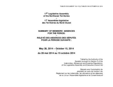 TABLED DOCUMENT[removed]TABLED ON OCTOBER 28, 2014  17th Legislative Assembly of the Northwest Territories – e