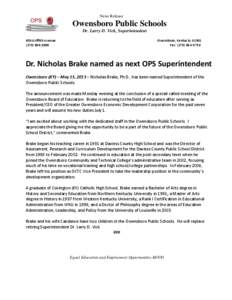 News Release  Owensboro Public Schools Dr. Larry D. Vick, Superintendent 450 Griffith Avenue[removed]