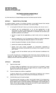PROVINCE DE QUÉBEC MRC DES LAURENTIDES MUNICIPALITÉ DE MONTCALM POLITIQUE DE GESTION CONTRACTUELLE