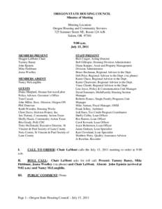 OREGON STATE HOUSING COUNCIL Minutes of Meeting Meeting Location: Oregon Housing and Community Services 725 Summer Street NE, Room 124 A/B Salem, OR 97301