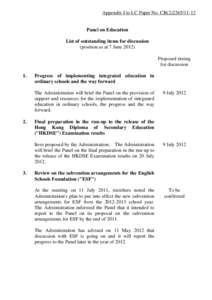 Appendix I to LC Paper No. CB[removed]Panel on Education List of outstanding items for discussion (position as at 7 June[removed]Proposed timing