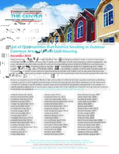 List of Communities that Restrict Smoking in Outdoor Common Areas of Multi-Unit Housing December 2013 Many communities in California have begun to address the issue of drifting secondhand smoke in multi-unit housing by r