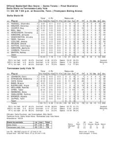 Official Basketball Box Score -- Game Totals -- Final Statistics Delta State vs Tennessee Lady Vols[removed]:00 p.m. at Knoxville, Tenn. (Thompson-Boling Arena) Delta State 46 ##