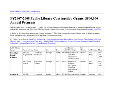 Public Library Construction Grant Program  FY2007-2008 Public Library Construction Grants, $800,000 Annual Program The New York State Library awarded 77 Public Library Construction Grants totaling $800,000 to public libr