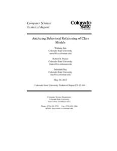 Computer Science Technical Report Analyzing Behavioral Refactoring of Class Models Wuliang Sun