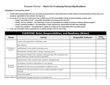 Everyone Forever – Matrix for Evaluating Partnership Readiness Instructions: For each question, please: 1. Provide which agency/stakeholder (e.g. household, local government, national government, health ministry, local