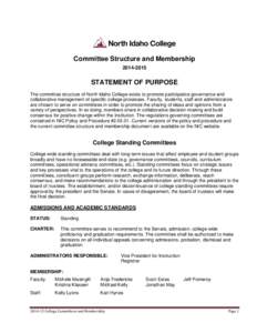 Committee Structure and Membership[removed]STATEMENT OF PURPOSE The committee structure of North Idaho College exists to promote participative governance and collaborative management of specific college processes. Facu