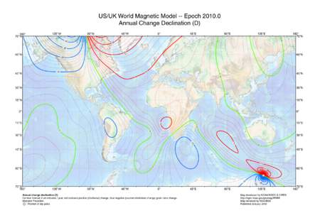 US/UK World Magnetic Model -- Epoch[removed]Annual Change Declination (D) 180° 70°N  135°W