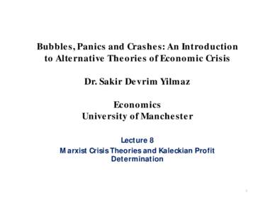 Bubbles, Panics and Crashes: An Introduction to Alternative Theories of Economic Crisis Dr. Sakir Devrim Yilmaz Economics University of Manchester Lecture 8