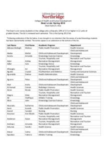 College of Health and Human Development Dean’s List: Spring 2012 Dean Sylvia A. Alva The Dean’s List names students in the college who achieved a GPA of 3.5 or higher in 12 units of graded classes. The list is renewe