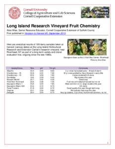 Grape Resources www.fruit.cornell.edu/grapes Long Island Research Vineyard Fruit Chemistry Alice Wise, Senior Resource Educator, Cornell Cooperative Extension of Suffolk County