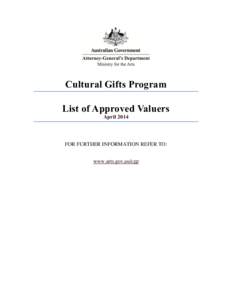 Cultural Gifts Program List of Approved Valuers April 2014 FOR FURTHER INFORMATION REFER TO: www.arts.gov.au/cgp