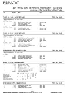 RESULTAT den 14.May 2013 på Randers Atletikstadion - Langvang Arrangør: Randers Sportsklub Freja Nr  Resultat