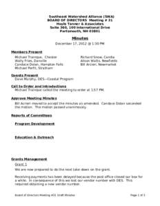 Southeast Watershed Alliance (SWA) BOARD OF DIRECTORS Meeting # 31 Hoyle Tanner & Associates Suite 360, 100 International Drive Portsmouth, NH 03801