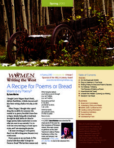 Spring[removed]Spring 2010 Volume XX Issue 1 Sponsor of the WILLA Literary Award www.WomenWritingtheWest.org