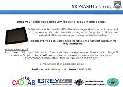 Does your child have difficulty focusing or seem distracted? Problems in attention result in difficulties in learning and behaviour at home and in the classroom. Monash University is working on the first project to devel