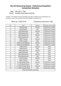 The 3rd Hong Kong Games - Swimming Competition Competition Schedule Date： [removed]（Sat） Venue： Kowloon Park Swimming Pool Remarks