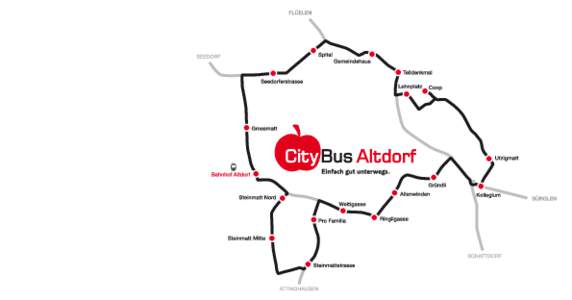 Von den Quartieren ­direkt ins Dorfzentrum Der CityBus Altdorf bringt die Fahr­gäste von den Quartieren direkt ins ­Dorfzentrum – und wieder nach Hause. Auch Taschen oder schwerere Einkäufe