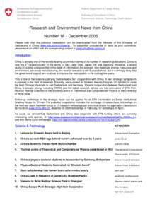 Research and Environment News from China - Number 18 December 2005