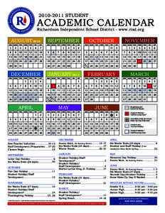 [removed]STUDENT  ACADEMIC CALENDAR Richardson Independent School District - www.risd.org  AUGUST 2010