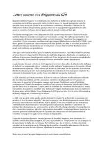 Lettre ouverte aux dirigeants du G20 Quand le système financier mondial laisse des milliards de dollars de capitaux issus de la corruption ou du détournement de fonds circuler à travers le monde sans aucun contrôle, 