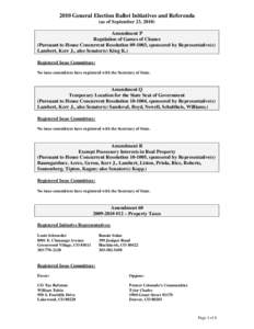 2010 General Election Ballot Initiatives and Referenda (as of September 23, 2010) Amendment P Regulation of Games of Chance (Pursuant to House Concurrent Resolution[removed], sponsored by Representative(s) Lambert, Kerr J