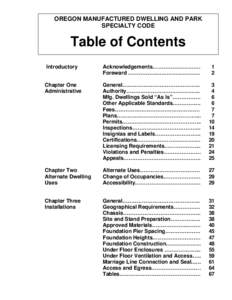 OREGON MANUFACTURED DWELLING AND PARK SPECIALTY CODE Table of Contents Introductory