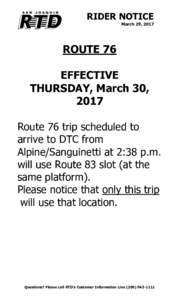 RIDER NOTICE March 29, 2017 ROUTE 76 EFFECTIVE THURSDAY, March 30,