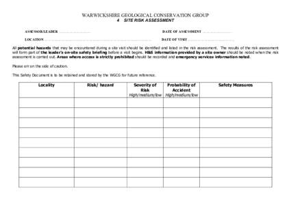 WARWICKSHIRE GEOLOGICAL CONSERVATION GROUP 4 SITE RISK ASSESSMENT  ASSESSOR/LEADER ………………………