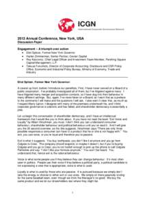 2013 Annual Conference, New York, USA Discussion Paper Engagement – A triumph over action  Eliot Spitzer, Former New York Governor  Harlan Zimmerman, Senior Partner, Cevian Capital 