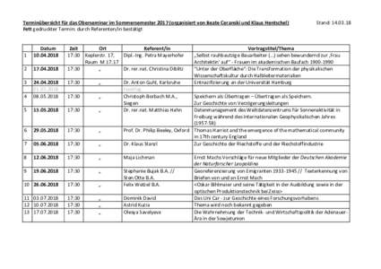 Terminübersicht für das Oberseminar im Sommersemesterorganisiert von Beate Ceranski und Klaus Hentschel) Fett gedruckter Termin: durch Referenten/in bestätigt 1  Datum